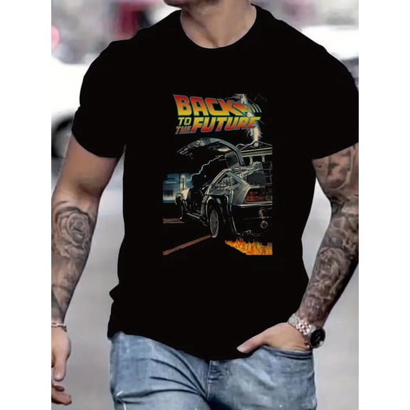 Back to the Future Men's T-Shirt with DeLorean Graphic | Bold Text and Flame Effect Design, Crew Neck, Suitable for All Seasons, Micro-Stretch Fabric, Graphic Print, The Perfect Choice for Movie Fans