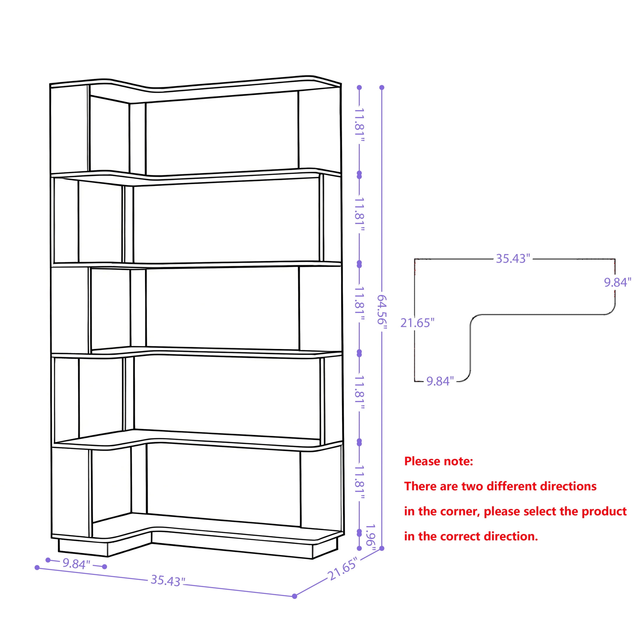 GDF Studio Derwin 5-Tier Corner Bookshelf, L-Shaped Wooden Bookcase for Living Room, Home Office, Dark Brown