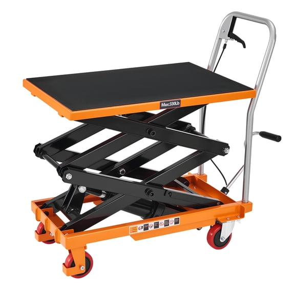 VanAcc 330lbs Hydraulic Lift Cart, 50" Height Double Scissor Table with 4 Wheels & Non-Slip Pad, Material Handling Platform, Yellow
