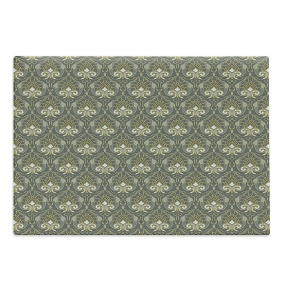Vintage Cutting Board, Traditional Pattern Classic Rich Ornaments on Grey Symmetric Royal Motifs, Decorative Tempered Glass Cutting and Serving Board, Large Size, Grey and Yellow, by Ambesonne