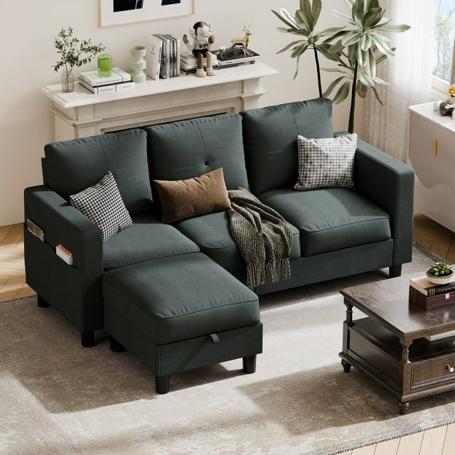 Walsunny 78" Convertible Sectional Sofa Couch L Shaped Couch Sofa for Living Room Small 3 Seater Sofa Couch with Storage Ottoman and Side Pockets(Dark Gray)