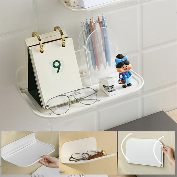 SINIMOKO Small Wall Mounted Adhesive Floating Shelves Bedroom Shelves Stick Wall Organizer Bathroom Towel Wall Storage White Floating Shelf Non-Perforated Foldable PP Plastic Bedside Wall Shelf