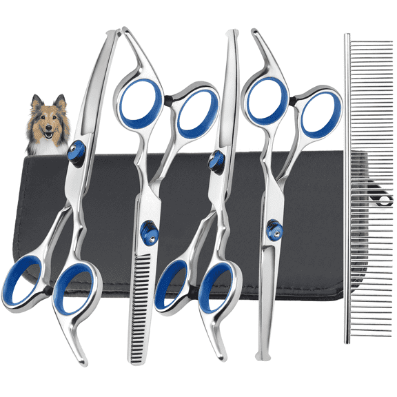 XUEYU 6 in 1 Dog Grooming Scissors Kit, 4CR Stainless Steel & Heavy-duty, Professional Dog Scissors for Grooming w/ Safety Round Tips, Sharp & Study Cat Grooming Shears Kit for Dogs Cats Pets(Blue)