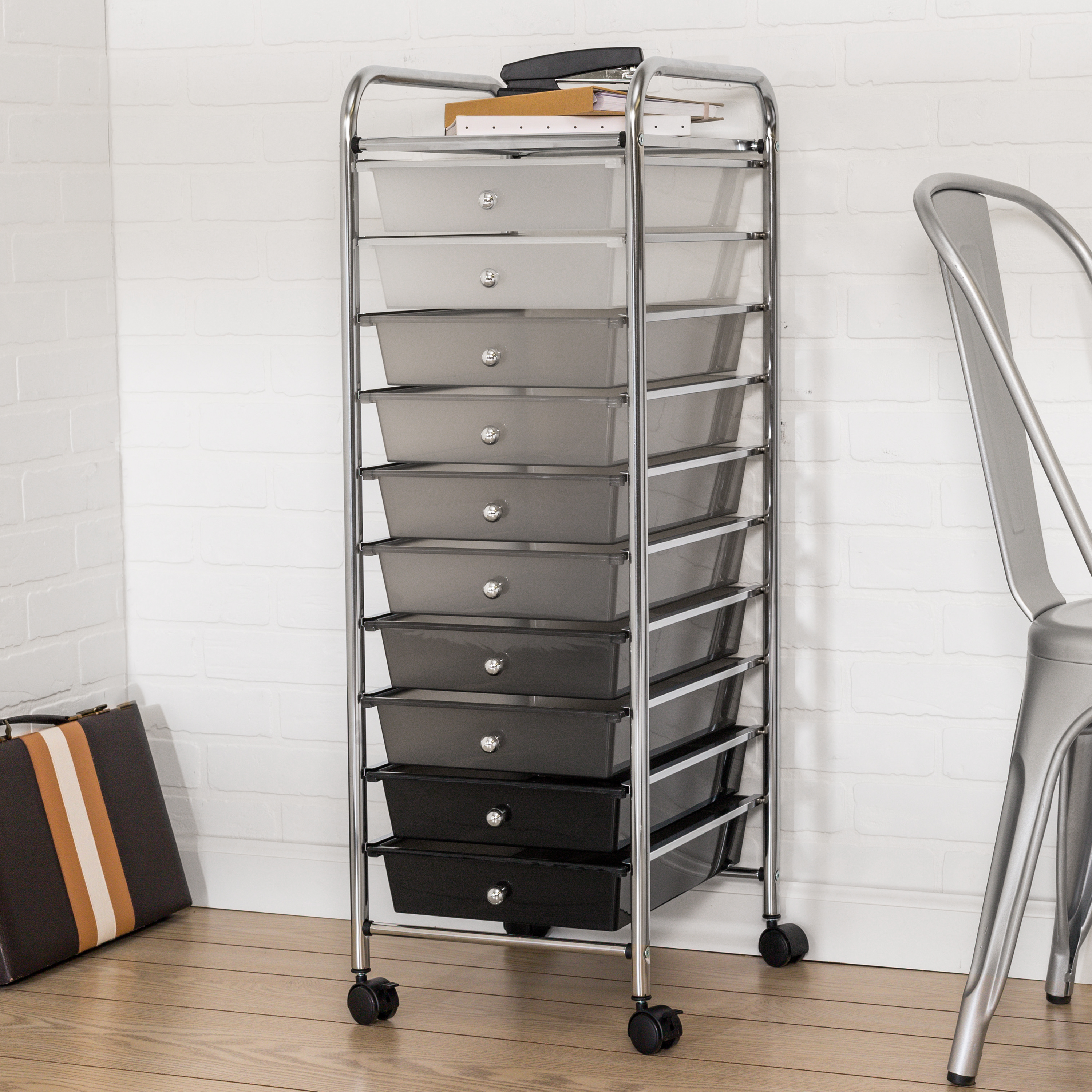 Honey-Can-Do Plastic and Steel 10-Drawer Rolling Storage Cart with 1 Shelf, Gray Ombré - image 4 of 4