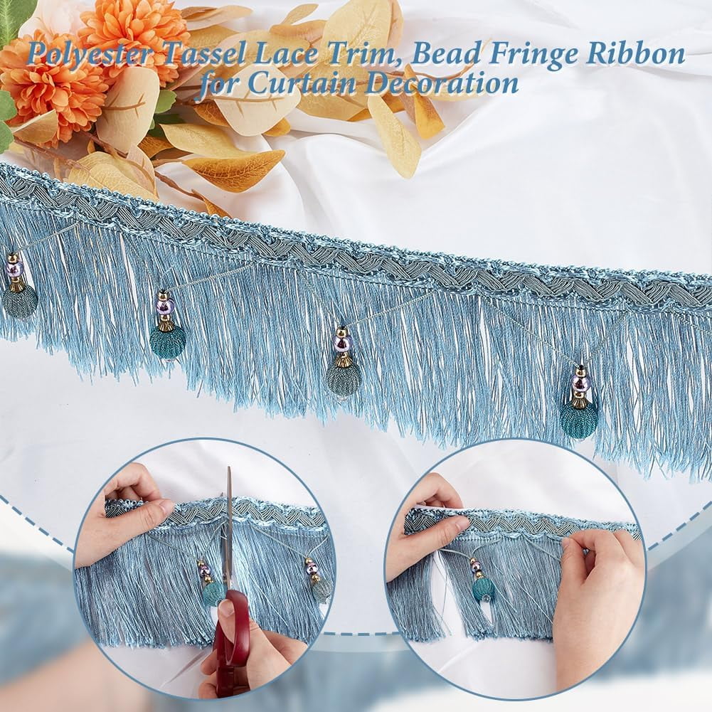 6m/6.6 Yards Hanging Beads Fringe Trim 4.4 Inch Wide Beaded Tassel Lace Sky Blue Bead Fringe Ribbon Hanging Ball Fringe Trim Ribbon for DIY Crafts Clothing Curtain Table Home Decor