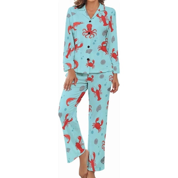 Top-kevin Women's Pajama Sets Seafood Fruit Pattern Long Sleeve Lounge Sets Pjs Sleepwear with Pockets