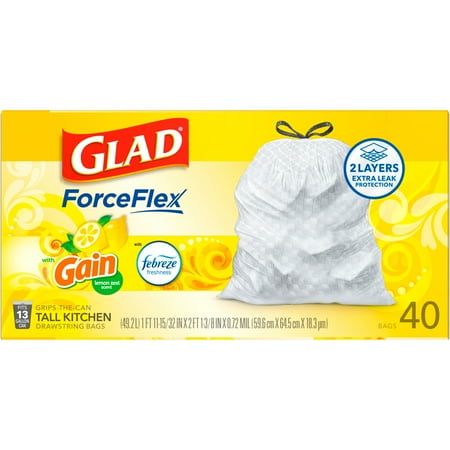 Glad ForceFlex Tall Kitchen Drawstring Trash Bags, 13 Gallon, Gain Lemon Zest, 40 Count