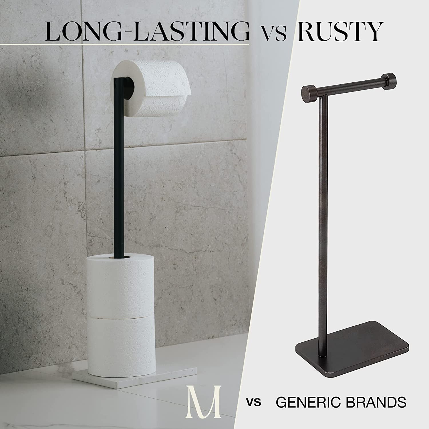 Marmolux Acc Matte Black Toilet Paper Holder Free Standing W/ White Marble Base Storage for Bathroom