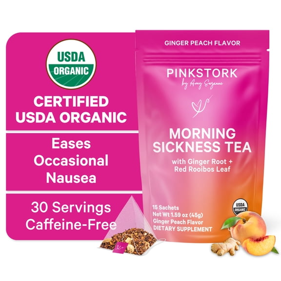 Pink Stork Organic Morning Sickness Pregnancy Herbal Tea, Prenatal Support, 15 Sachets, 30 Cups