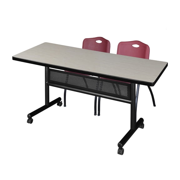 60" x 30" Flip Top Mobile Training Table with Modesty Panel- Maple and 2 "M" Stack Chairs- Burgundy