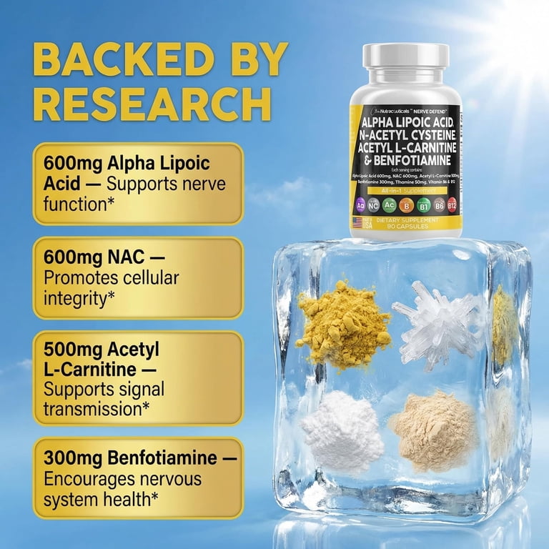 Alpha Lipoic Acid 600mg N-Acetyl Cysteine 600mg Acetyl L-Carnitine 500mg Benfotiamine 300mg - Nerve Support Supplement for Women and Men with Vitamin B1 B6 & B12 Alpha Lipoic Acid 600mg N-Acetyl Cysteine 600mg Acetyl L-Carnitine 500mg Benfotiamine 300mg - Nerve Support Supplement for Women and Men with Vitamin B1 B6 & B12