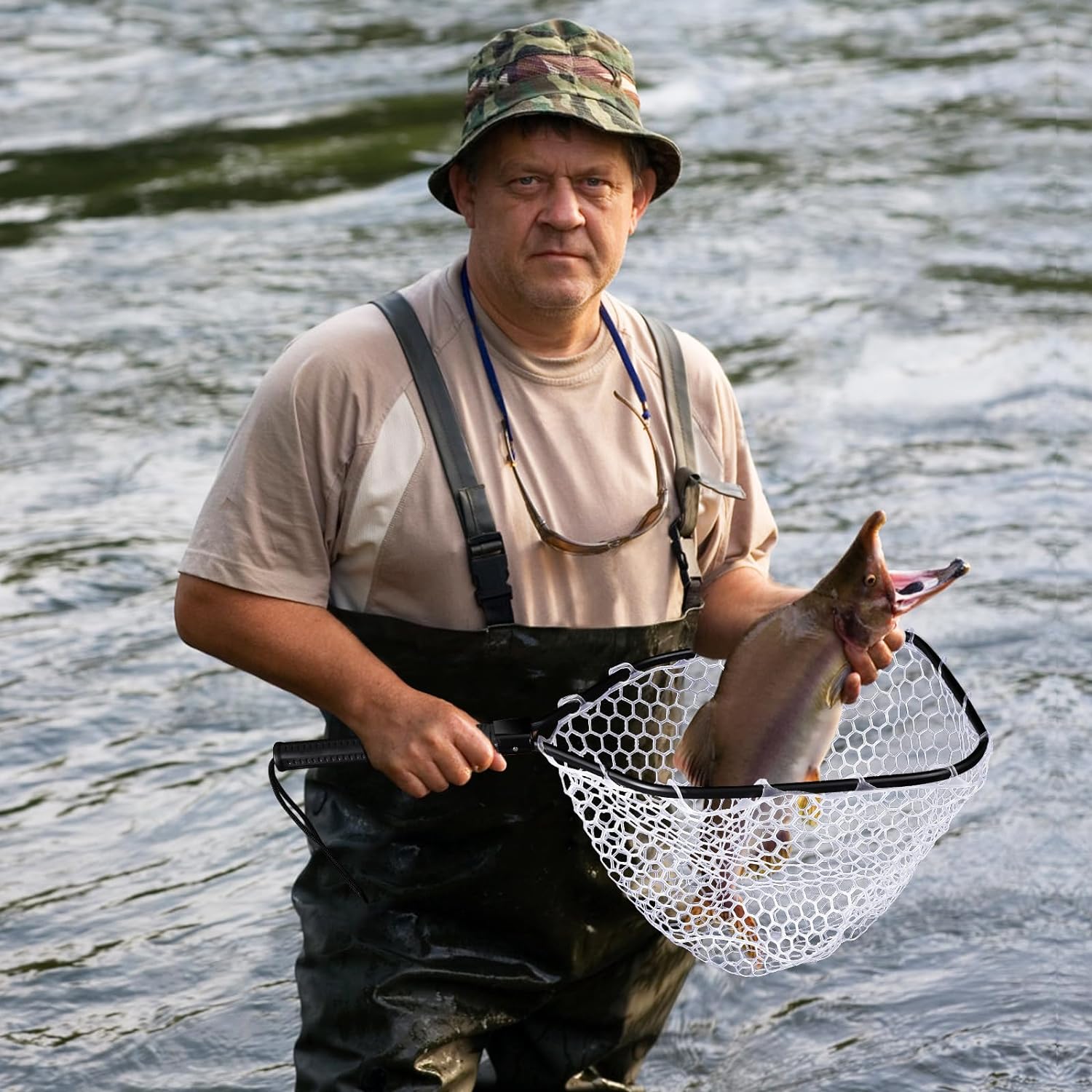 ATENOW Fly Fishing Landing Net Trout Fishing Net, Soft Rubber Catch and Release Fish Net with Wooden Handle Frame, 63*30.5*2.5cm