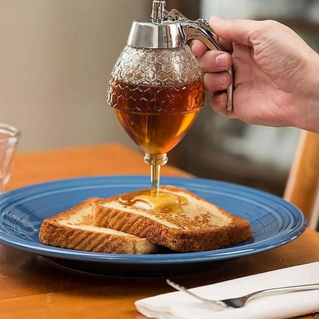 Syrup Honey Dispenser Acrylic Honey Dispenser No Drip Syrup Dispenser Jar with Stand Maple Syrup Dispenser Glass Nice Honey Comb Shaped Honey Pot Honey Jar 5.9x2.8in
