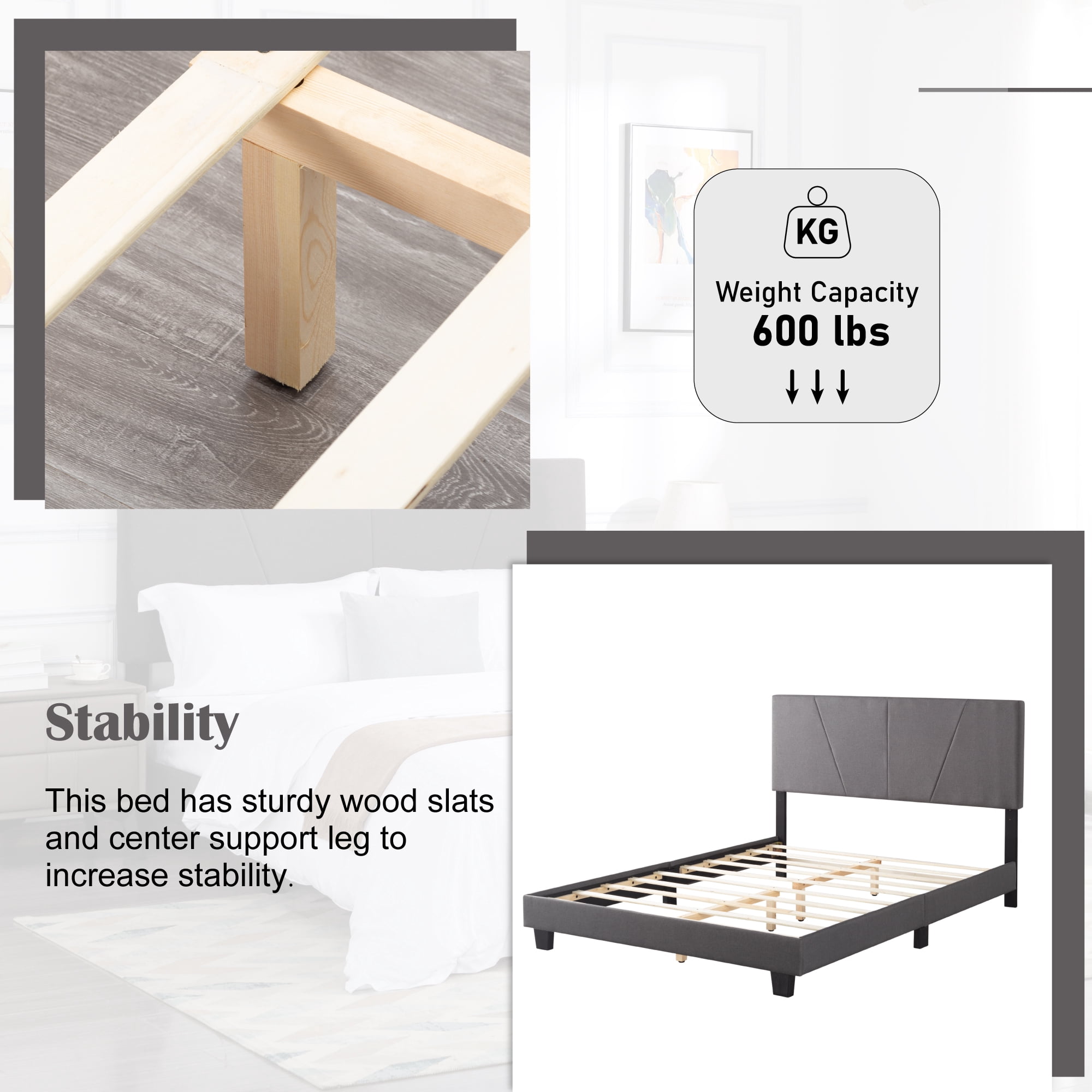 Gewnee Queen Size Platform Bed with Headboard,Fabric Upholstered Bed Frame,Strong Wood Slats Support,Easy Assembly,No Box Spring Needed（Dark Gray)