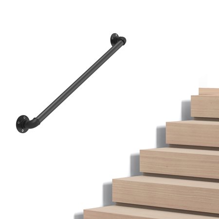 Industrial Pipe Stair Handrail, Wall-Mounted Metal Hand Rail for Indoor & Outdoor Steps, Black Galvanized Iron, Vintage Farmhouse Style, Heavy Duty Support for Stairs & Porch (Black, 4ft)