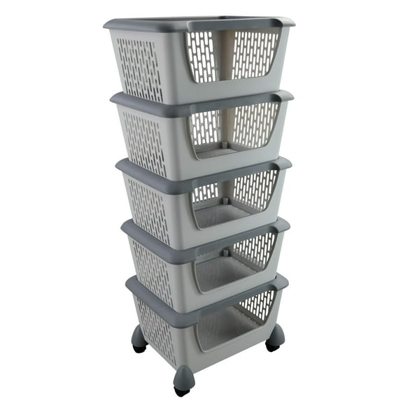 Cand 5-Pack Large Stackable Storage Bins, Stacking Baskets for Fruit, Vegetable, Toys, Grey