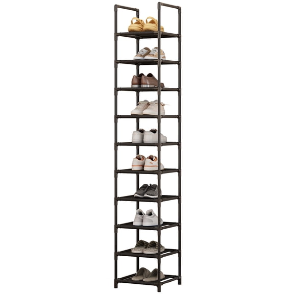 PYY 10-Tier Metal Shoe Rack Organizer – Tall Vertical Space-Saving Shoe Storage Shelf – Removable Fabric Shelves – Sturdy Narrow Design for Entryway, Closet, Living Room, Home Office – 280*450*1730mm