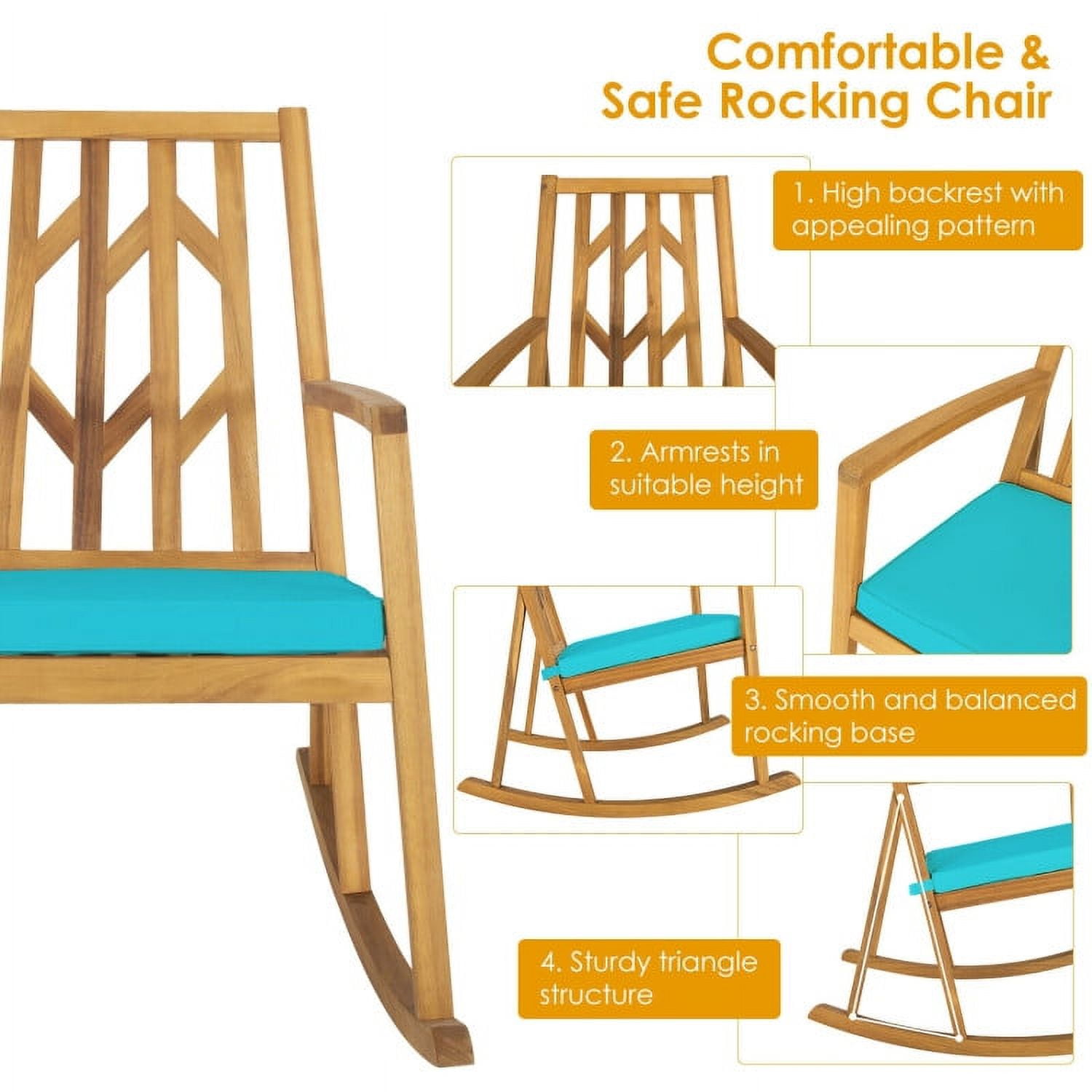 Aimee Lii Outdoor Rocking Chair with Cushion, Wooden Patio Rocker Chair for Lawn, Porch, Backyard, Indoor and Garden, Blue