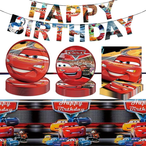 Car Theme Birthday Party Decorations Kit - 20pc Plates & Napkins, Happy Birthday Banner, Tablecloth Party Supplies for Kids, Boys, Baby Showers