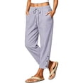 thumbnail image 2 of Vivianyo HD Women's Vertical Stripe Drawstring Elastic Waist Long Pants, Womens Summer Lightweight Straight Leg Trousers with Side Button Split for Travel Vacation Casual Wear, Sizes S-3XL, 2 of 8