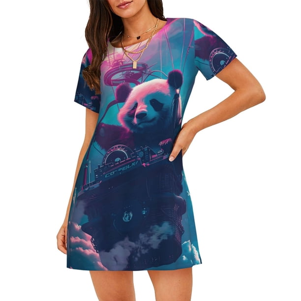 Disketp DJ Panda Hot Air Balloon para Camisón Corto de Manga Corta para Mujeres, Camisón Cómodo con Escote Redondo, Bonito y Confortable