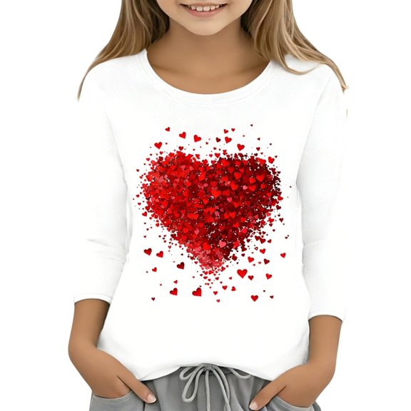 Valentine's Day Long Sleeve For Girls Heart Print Blouse Cute Party Wear Casual School Shirts