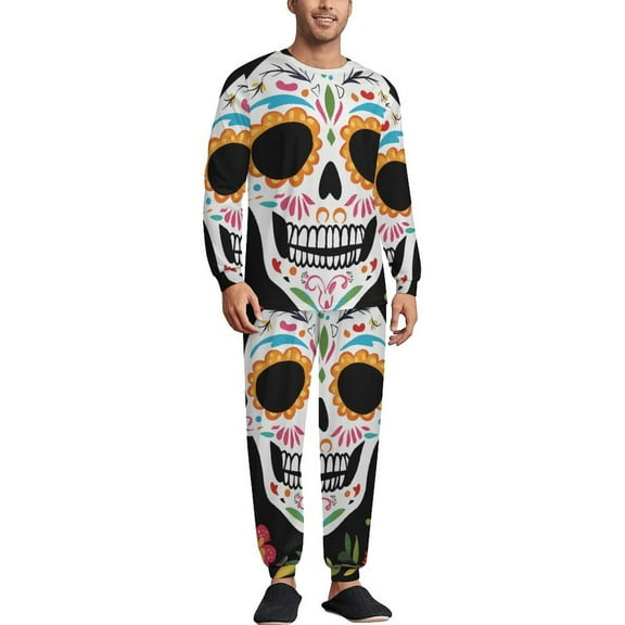 Day of The Dead Dia De Los Muertos Men's Pajama Set Sleepwear Pjs Lightweight Long Sleeve Crewneck Shirts and Bottoms Soft Comfy Sleep Sets XS