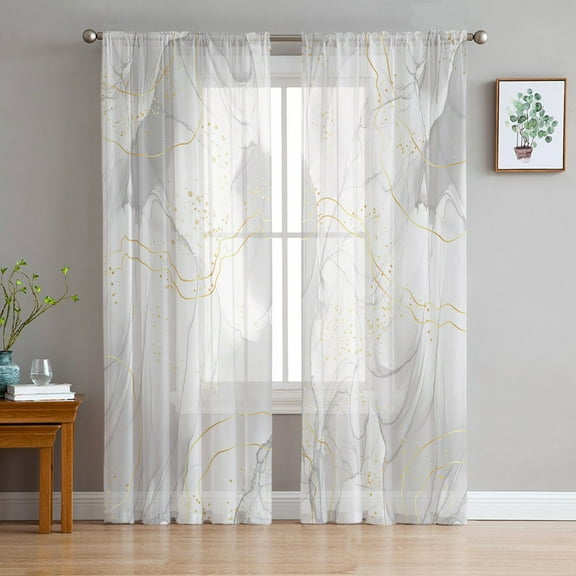Grey Ombre Marble Sheer Curtains 96 Inches Long 2 Panels Set, Window Sheer Curtains for Living Room/Bedroom, Yellow Modern Geometric Abstract Art Light Filtering Rod Pocket Curtain 52'' x 96'' x 2