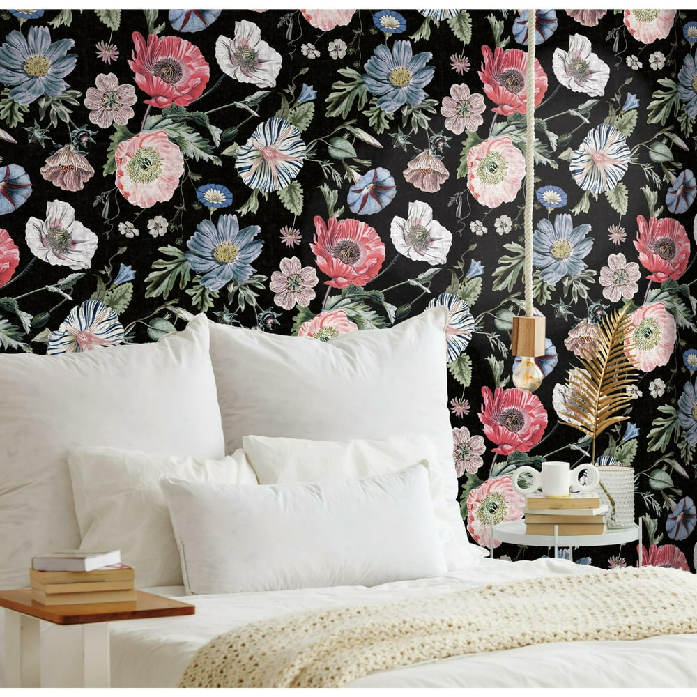 RoomMates Vintage Floral Poppy Black and Pink Peel and Stick Wallpaper