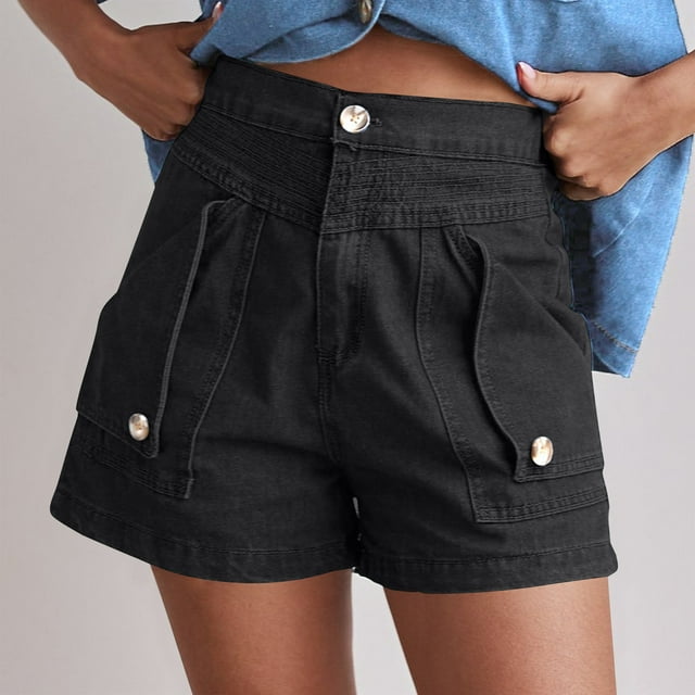 Gspmoly Short pour Femme, Short Décontracté Rétro Uni Ample avec Poches pour Femme, Short de Randonnée pour Femme jusqu'à 60 % de Rabais Noir TTG