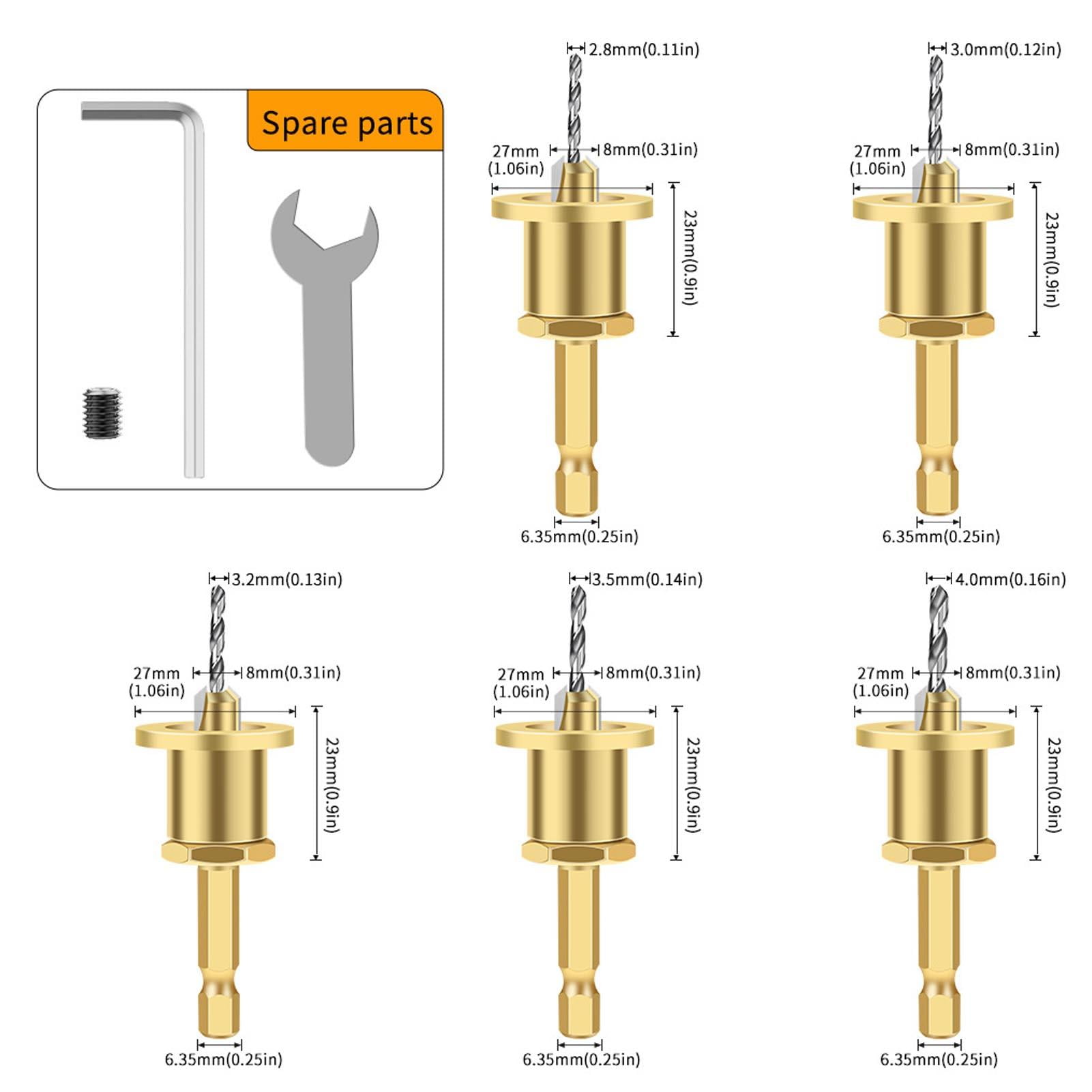 Yajisi 5‑Piece 1/4" Hex Shank Countersink Drill Bit Set – 2.8‑4 mm Adjustable, 8 mm Hole, High‑Speed Steel, Versatile for Wood & MDF