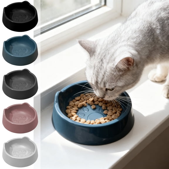 Cat Food Bowl Large Capacity | Raised Plastic Cat Feeding Dish | Elevated Design | Multicolor | 250ml | Wide Shallow Pet Water Bowl | Reduces Neck Strain | Spill-Resistant | 18.5x15x6.3cm