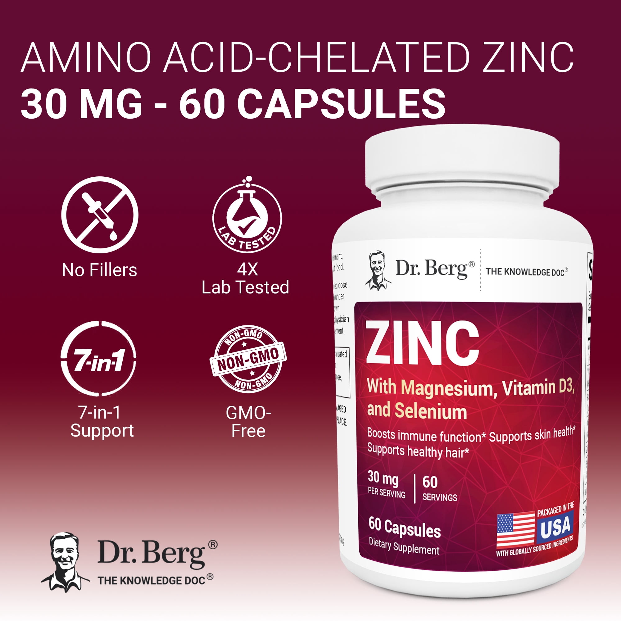 Dr. Berg Zinc 30 mg Capsules with Magnesium, Vitamin D3, Selenium, Copper & Folate - Immune Support, 60 Capsules