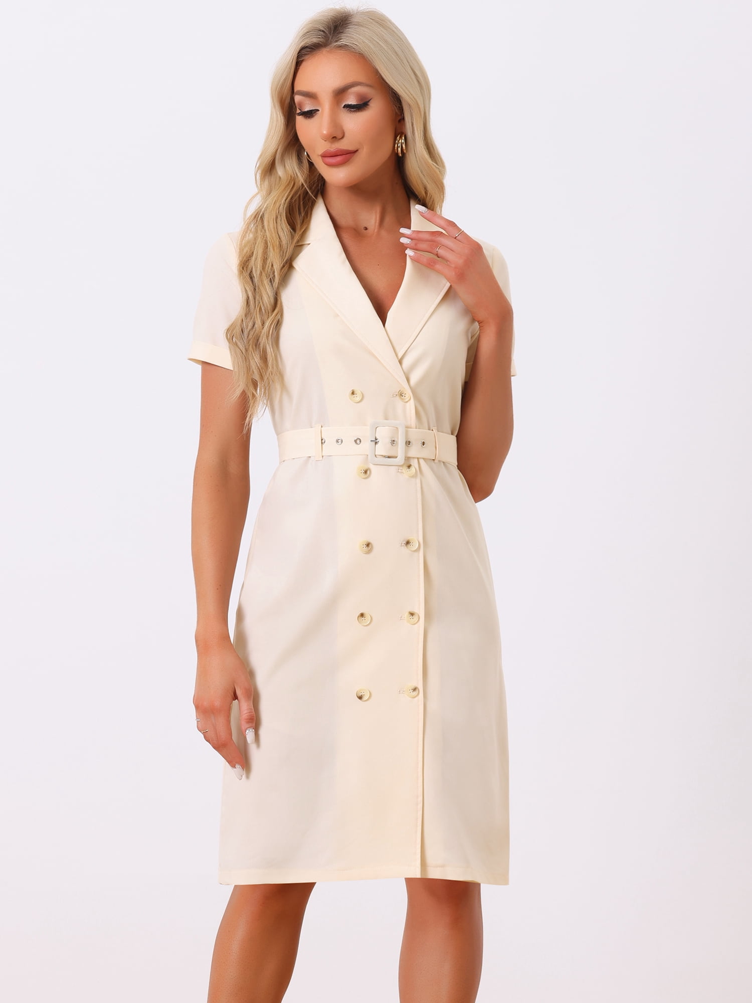 DARING DIVA Women's Short Sleeve Notched Lapel Double Breasted Blazer Dresses M Light Apricot