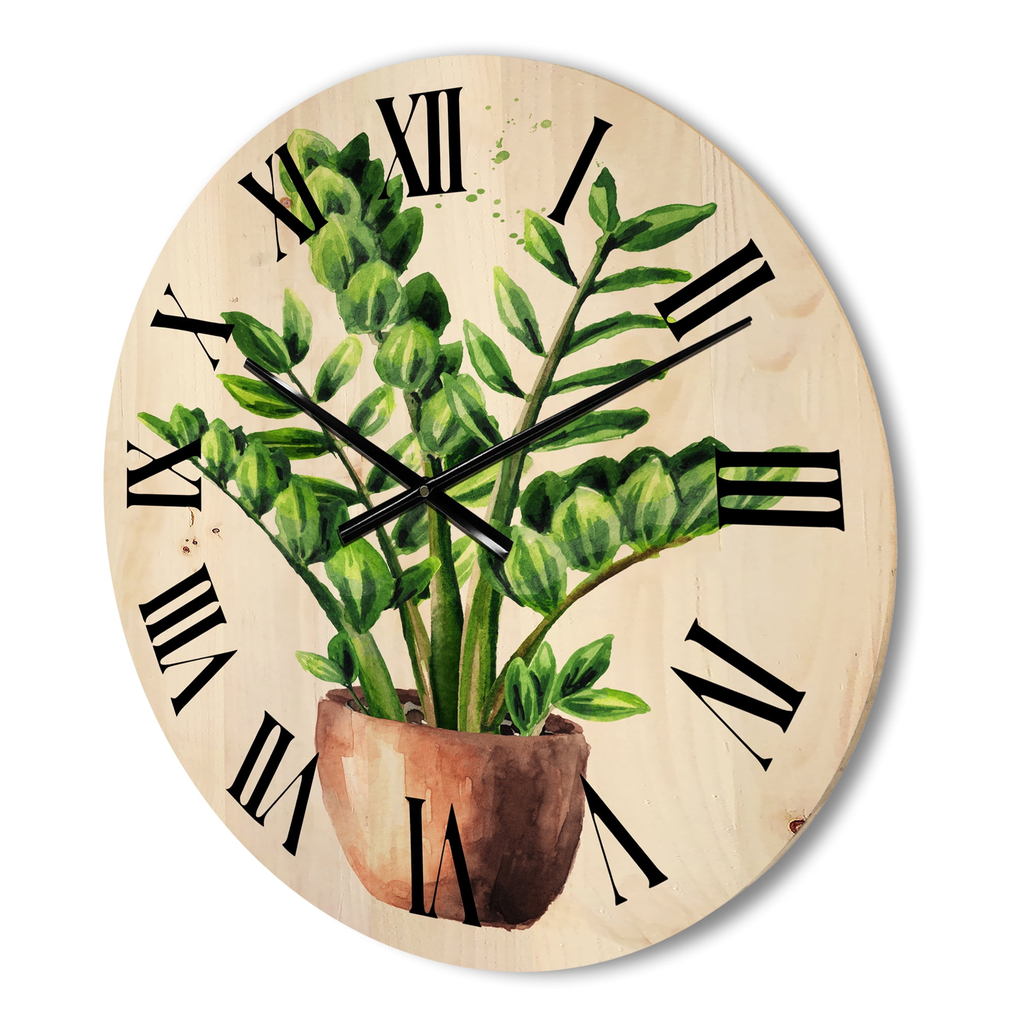 Designart 'Zamioculcas Tropical Plant With Green Leaves On White' Traditional Wood Wall Clock