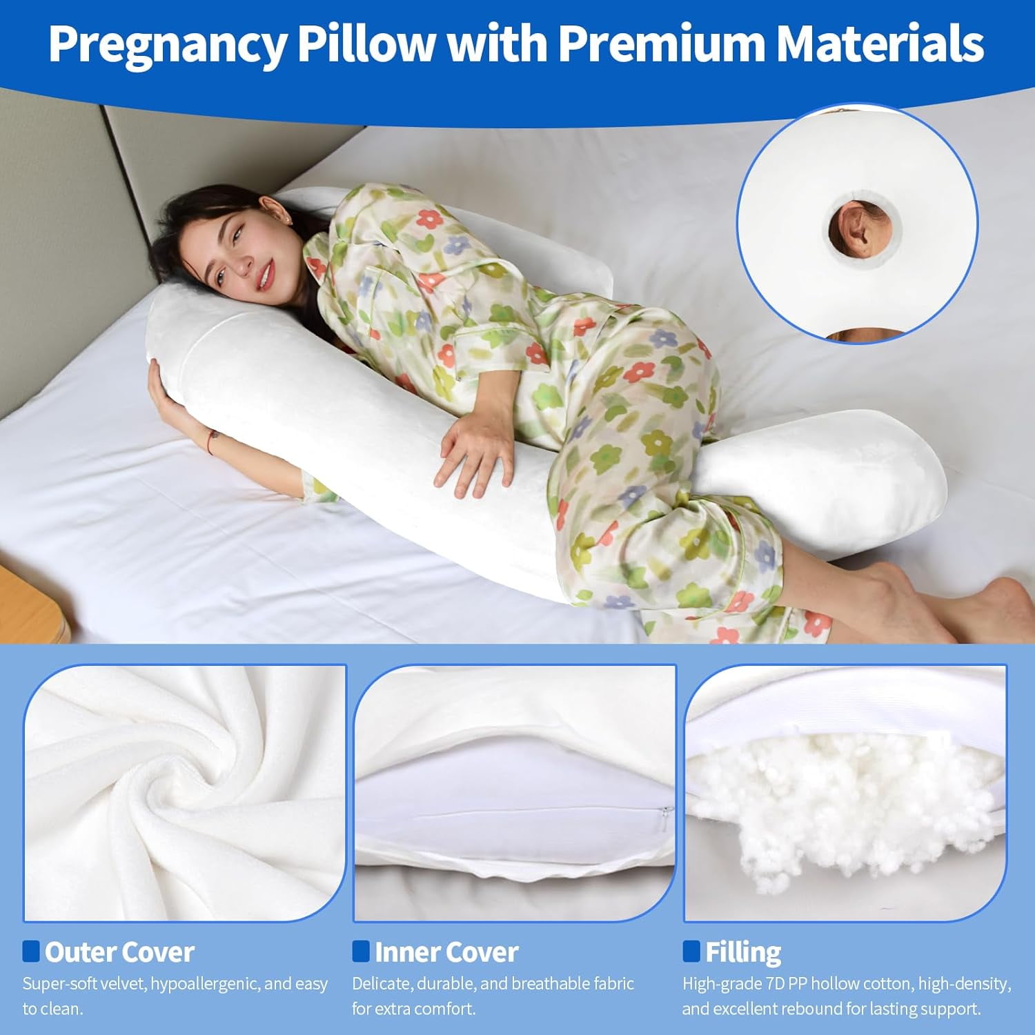 U-Shaped Full Body Pillow for Side Sleepers – 51-Inch Body Pillow with Ear Piercing Design – Cooling Pregnancy Pillow Orthopedic Support for Back, Neck & Hip – Soft Washable Velvet Cover