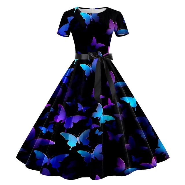 WILLBEST Robe Grise pour Femmes Imprimé Col Rond Manches Courtes Soirée Années 1950 Robe de Bal
