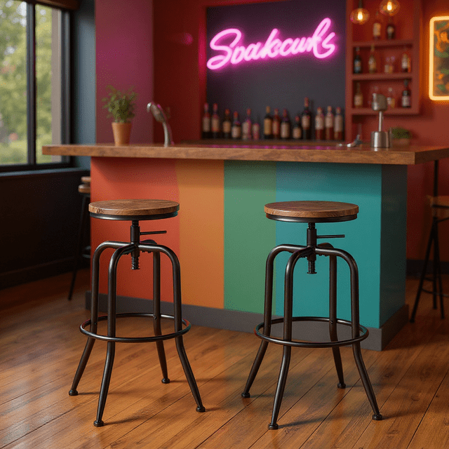 Homy Casa Set of 2 Houston Industrial Round Wood Seat Adjustable Bar Stool 27-30 Inch Brown