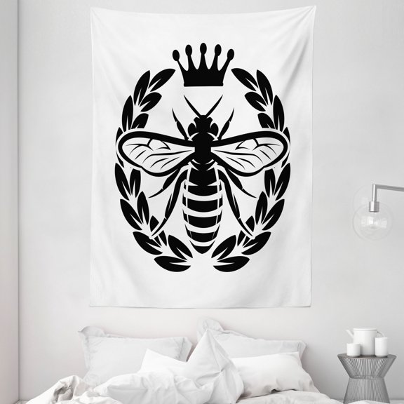 Queen Bee Tapestry, Monochrome Wreath Insect and Crown Abstract Bee Silhouette Ruler of the Colony, Wall Hanging for Bedroom Living Room Dorm Decor, 60W X 80L Inches, Black White, by Ambesonne