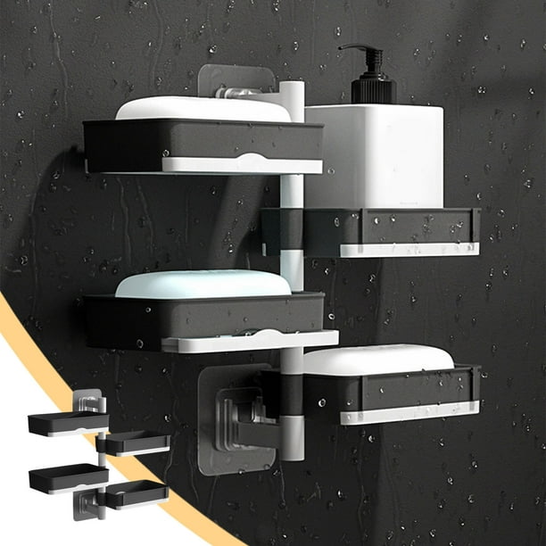 Jabonera giratoria de pared | Jabonera de plástico sin taladro | Organizador de baño resistente al agua y al óxido | Jabonera blanca y gris para ducha, inodoro y lavabo