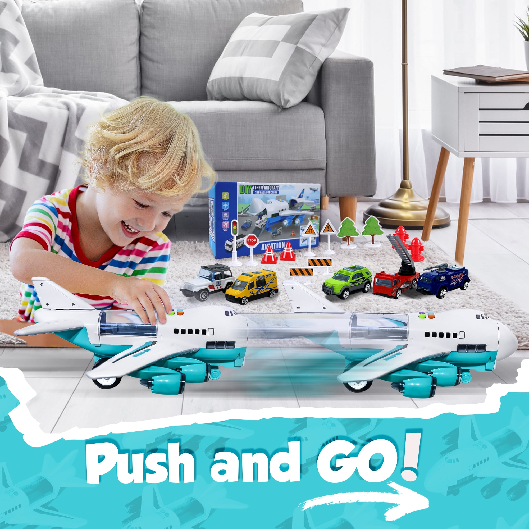 JoyX Airplane & Car Toy Educational Set for Kids – Interactive Play with Lights, Sounds & Road Signs