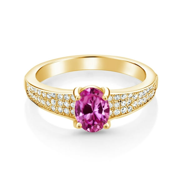 Gem Stone King 18K Yellow Gold Plated Silver Pink Created Sapphire Engagement Ring for Women (2.13 Cttw, Oval 8X6MM, Gemstone September Birthstone, Size 7)
