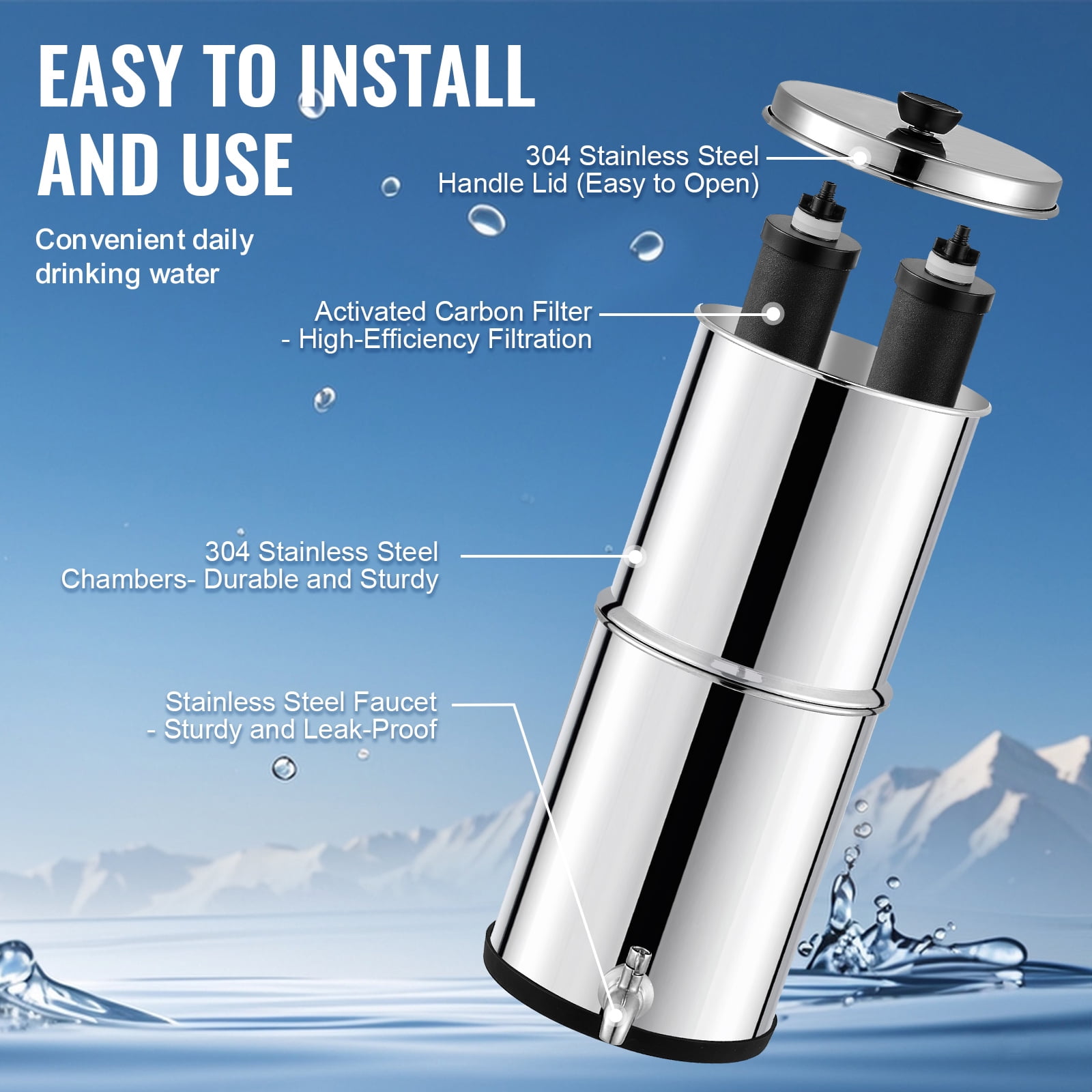 KFFKFF Water Purification Unit, Gravity-Driven, 1.5G 304 Stainless-Steel Tabletop Design, Water Purifier, Minimizes Lead and Eliminates up to 99% of Chlorine, Includes 2 Carbon Filters & Faucet