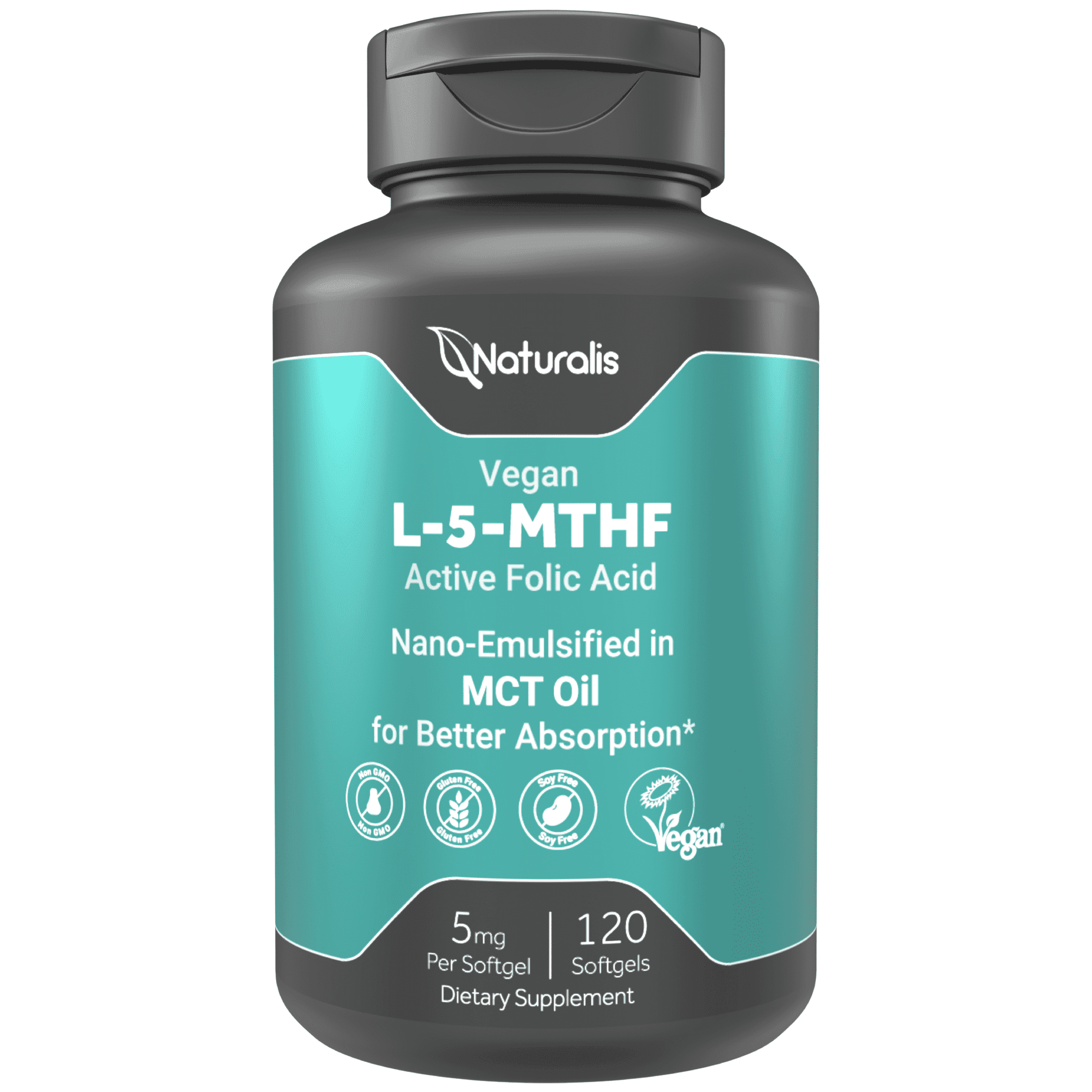 Naturalis Vegan L-5-MTHF 5mg (8300 mcg DFE) | Active Folate for Prenatal & Methylation Support | Vegan, Non-GMO, Soy & Gluten Free | 60 Softgels
