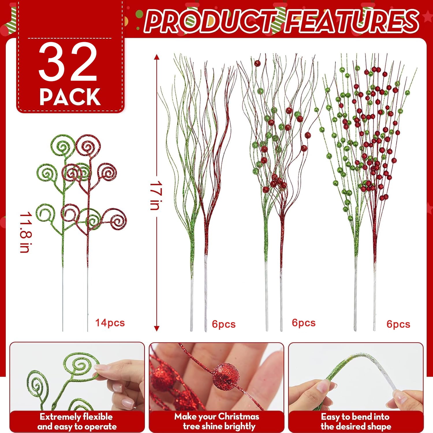 Triani 32Pcs Glitter Christmas Tree Picks 17" Artificial Glitter Curly Berry Stems Ornaments  Red Green Fake Candy Picks Ornaments Branches for Xmas Tree Wreath DIY Crafts Vase Filler