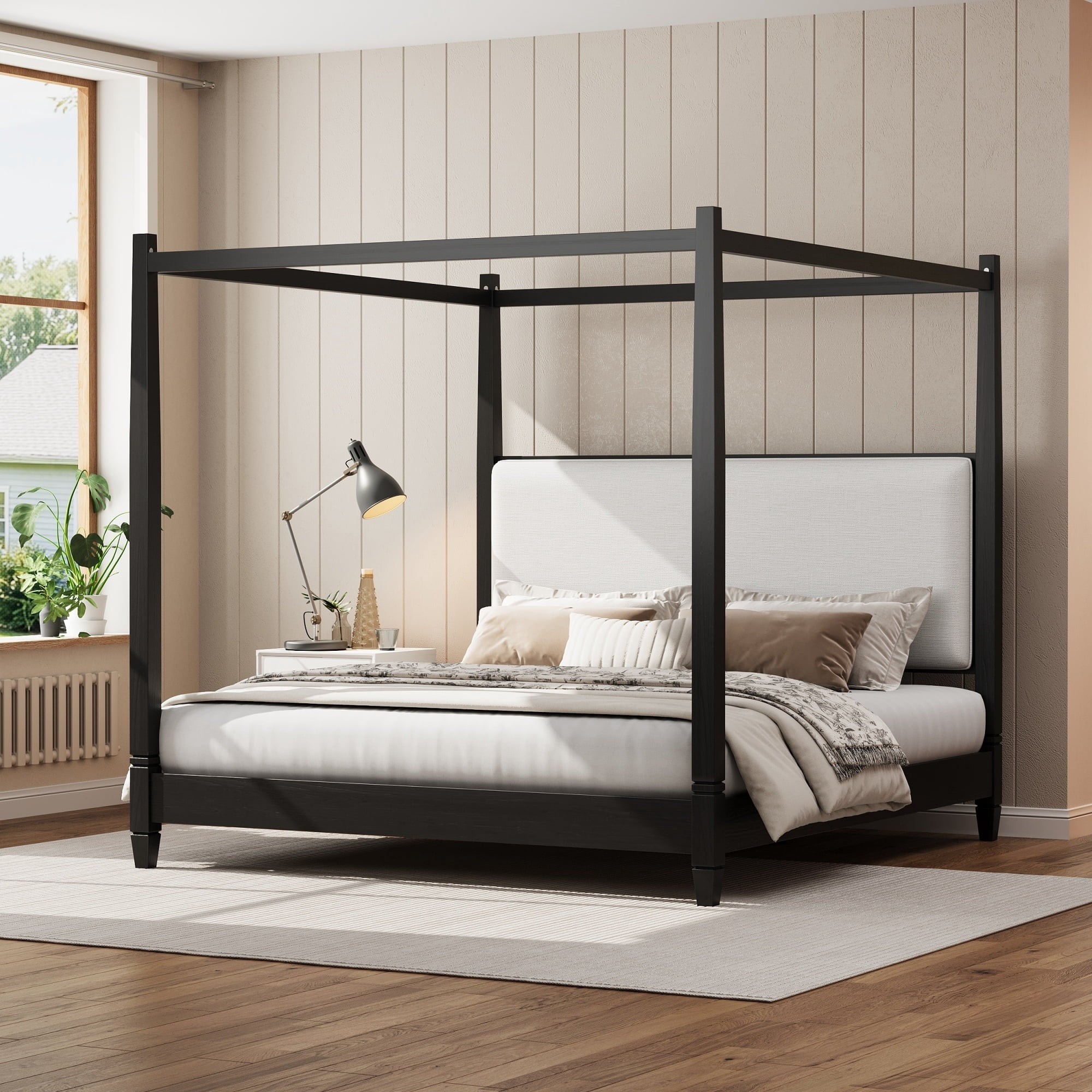 Euroco Wood King Size Canopy Platform Bed with Upholstery Headboard, Black