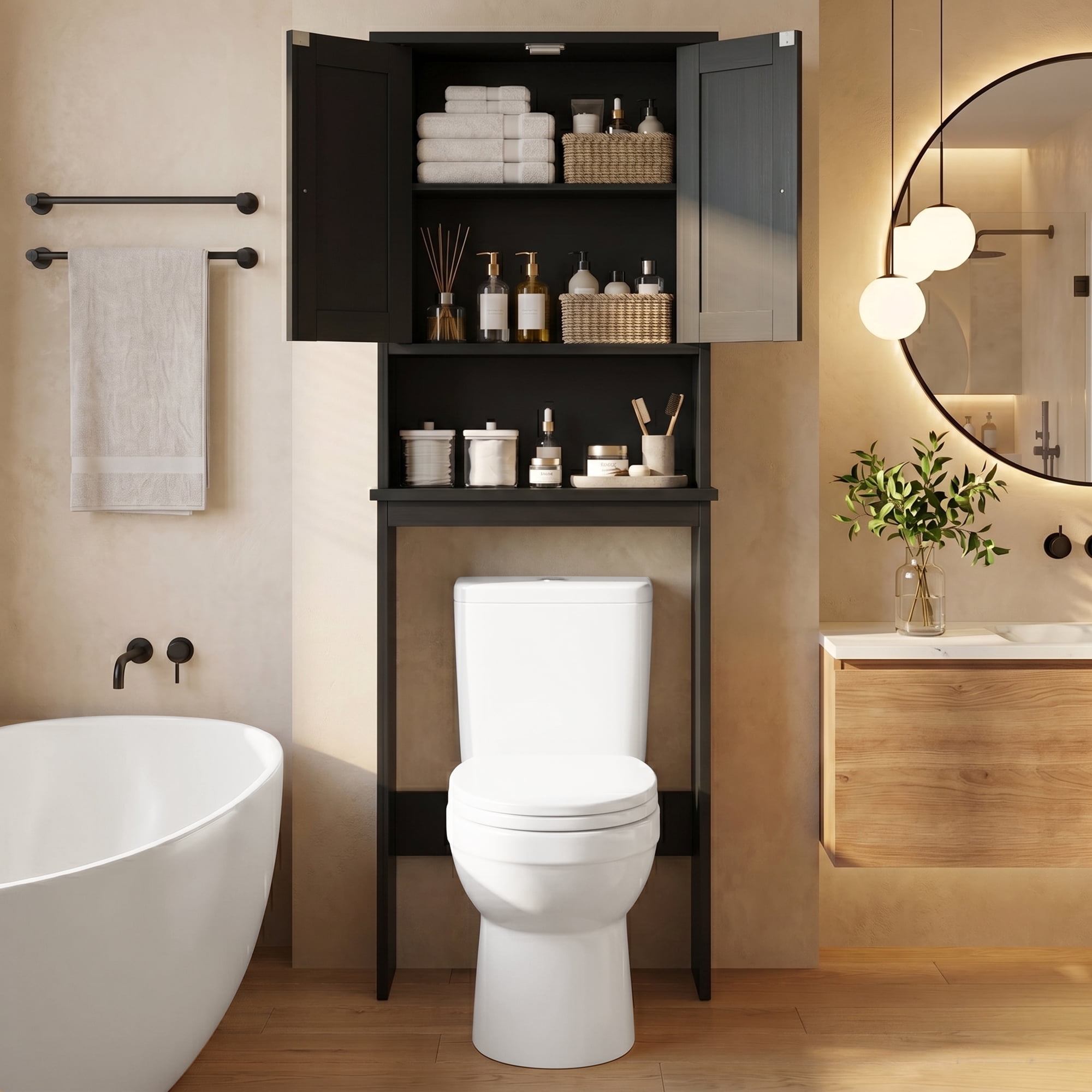 Walsunny Over The Toilet Storage Cabinet Bathroom Shelves Organizer Space Saver Freestanding Restroom Shelf with Doors Anti-Tip Device Adjustable Shelf Black
