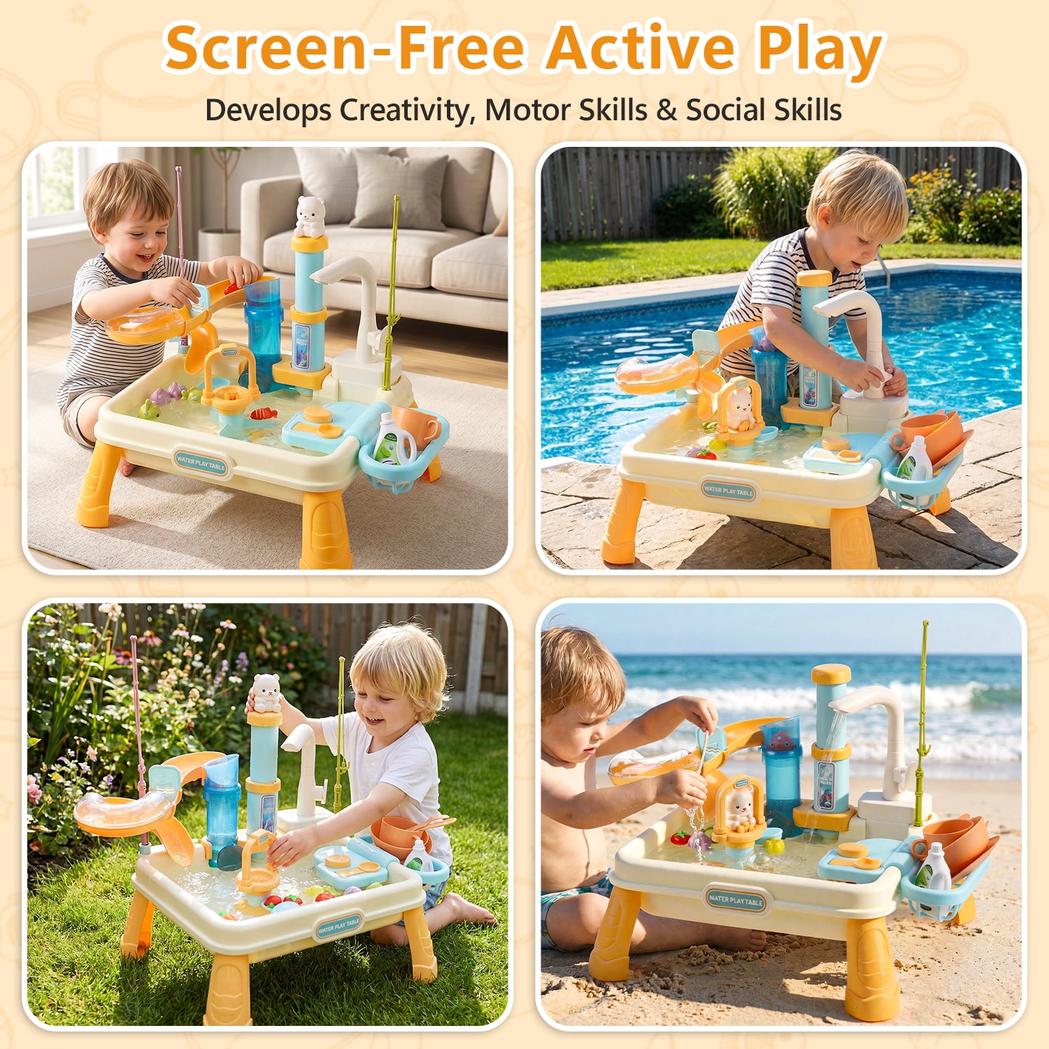 Water Table, Kids Water and Sand Activity Sensory Playset, Summer Outdoor Toys
