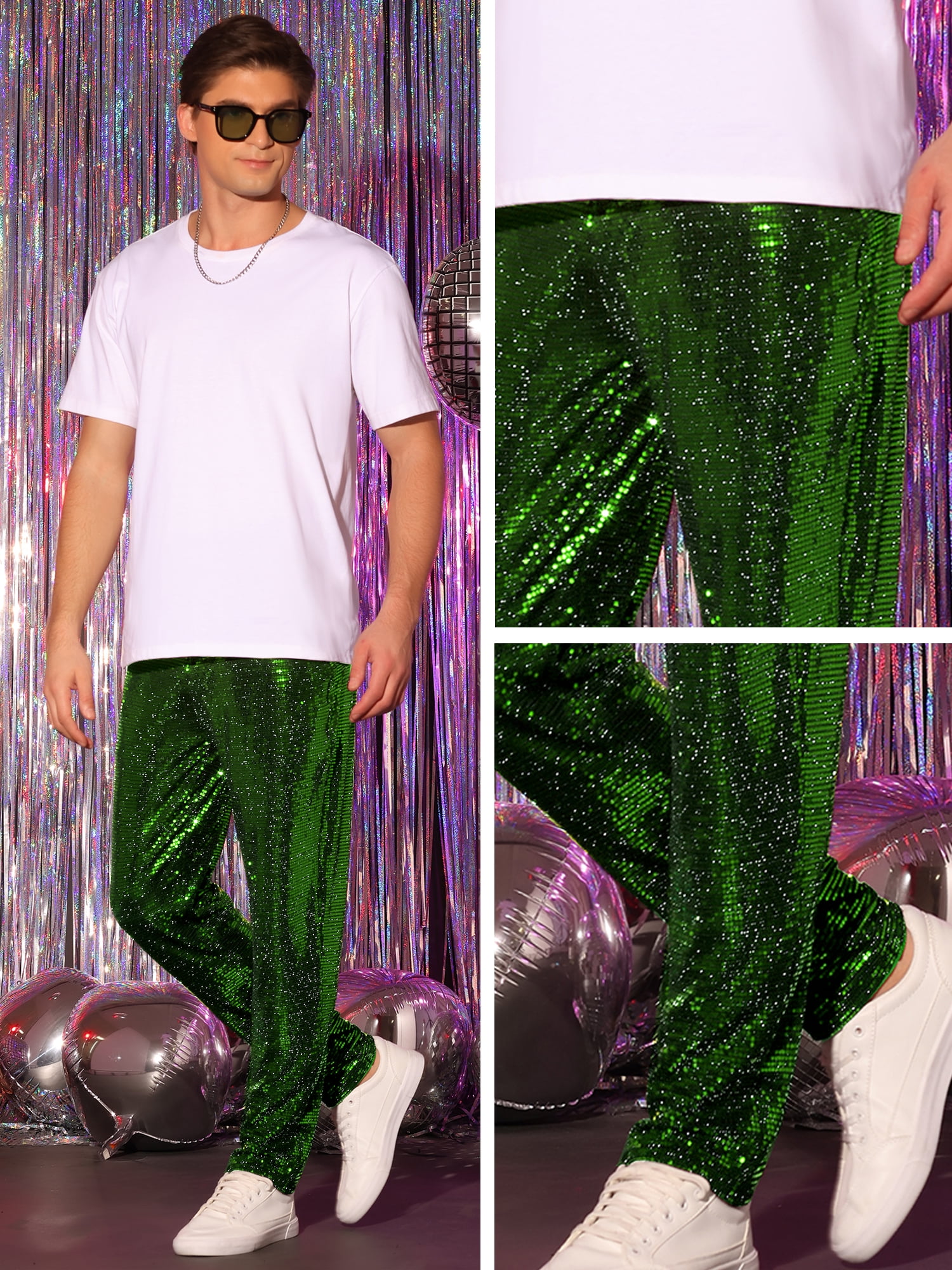 DARING DIVA Men's Sequins Pants Shiny Sparkly Straight Leg Trousers 34 Green