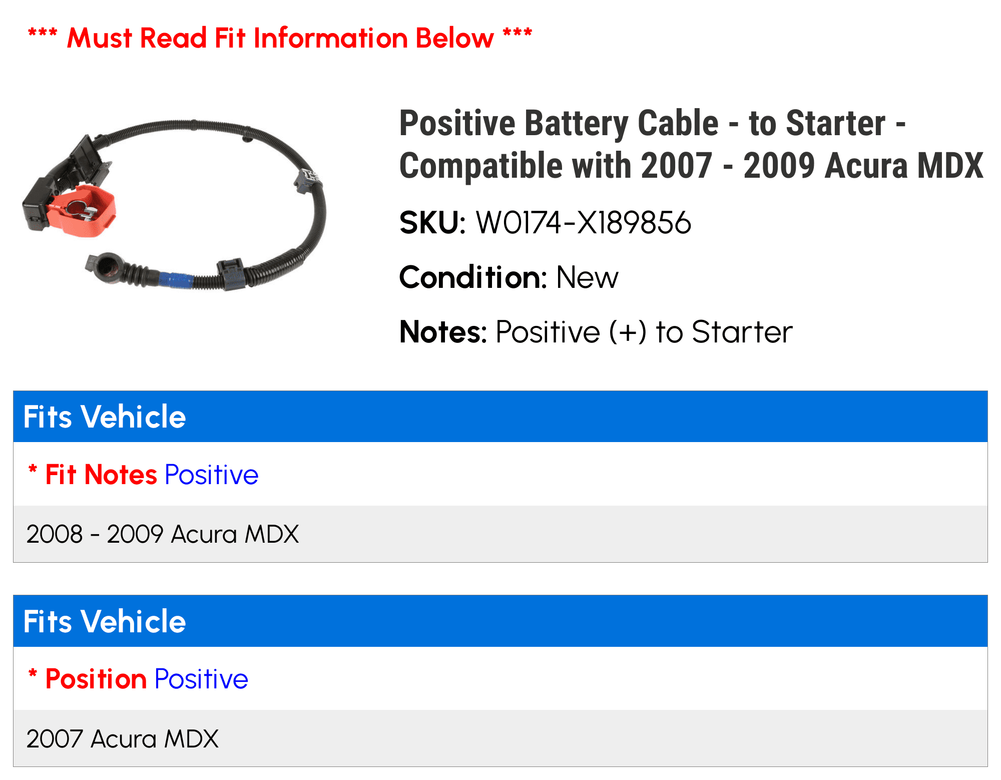 Positive Battery Cable - to Starter - Compatible with 2007 - 2009 Acura MDX  2008 - Walmart.com, image size:2000x1558